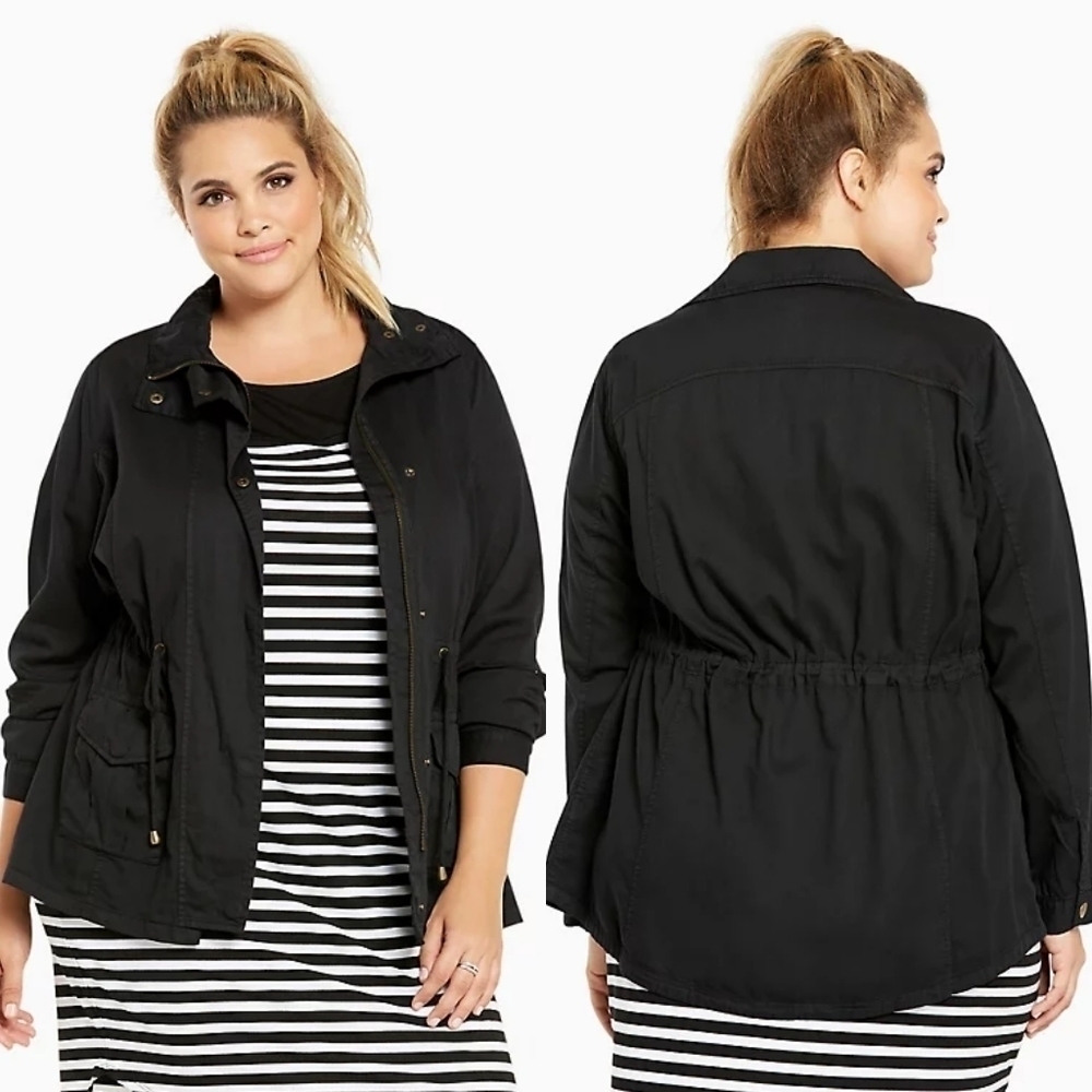 TORRID Charcoal Gray Cotton Twill Adjustable Tie-Waist Distressed Utility Jacket